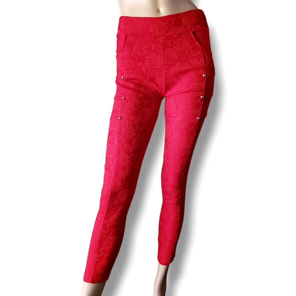 Kimberly C. Red Floral Lace Leggings With Gold Stud Embellishements